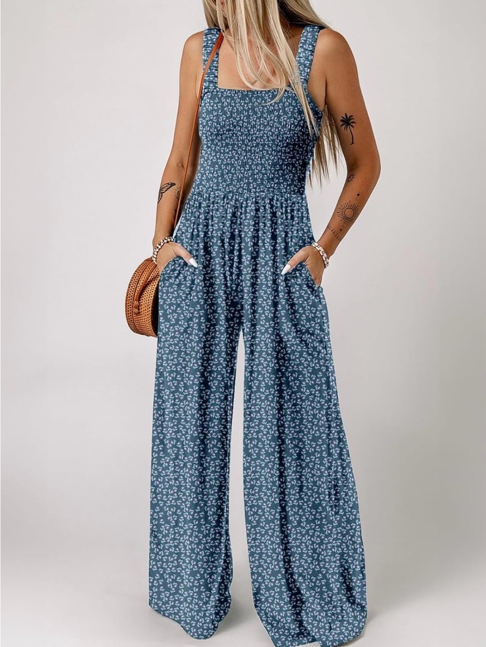 Dokotoo Blue Ditsy Floral Smocked Bodice Jumpsuit